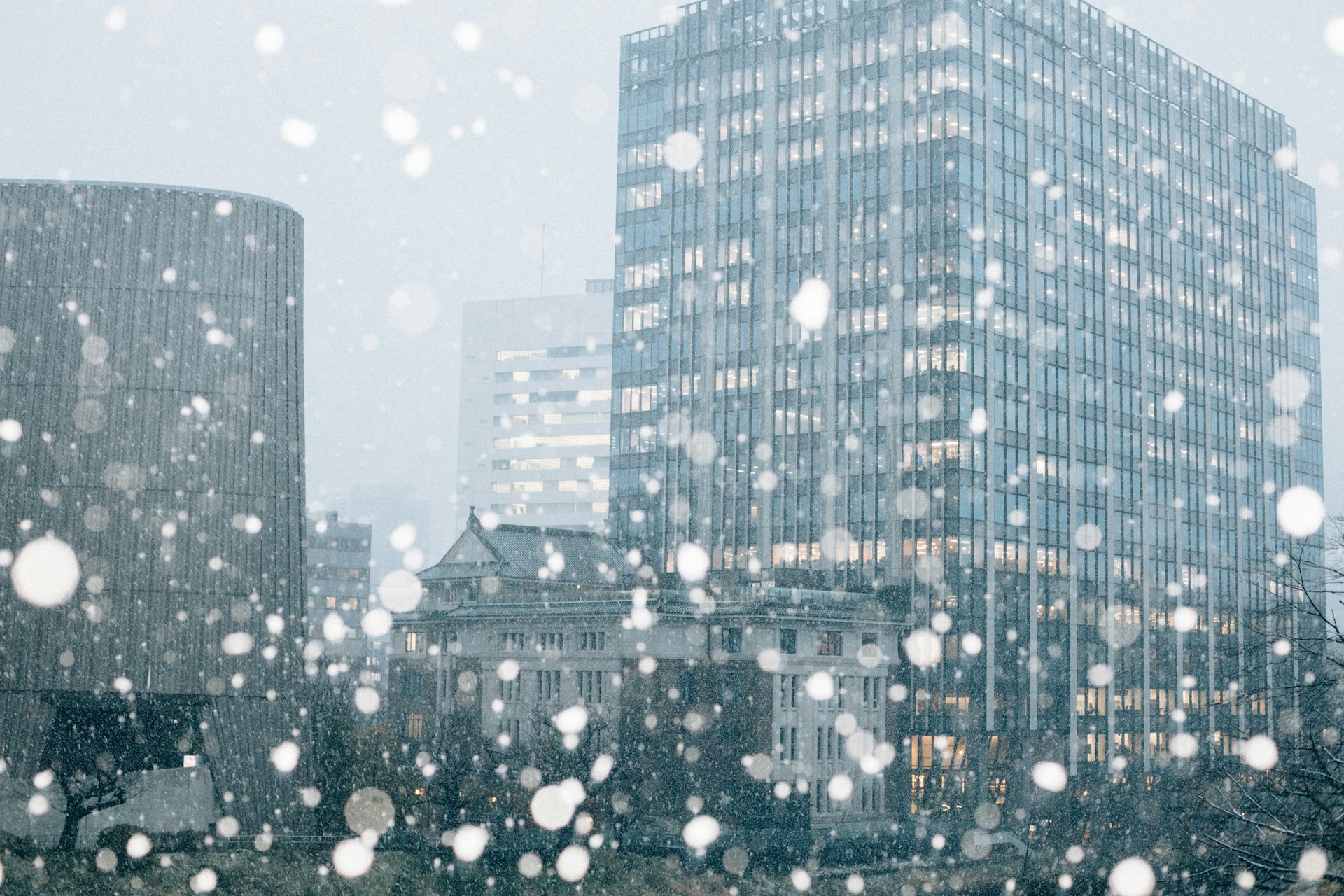 a view of a city in the snow